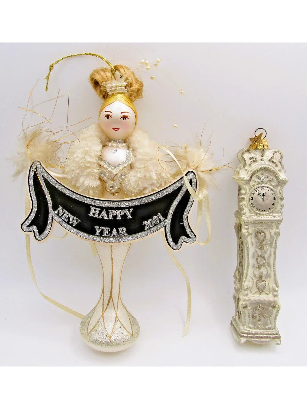 Two Ornaments Kurt Adler 2001 Mystique with Box and Grandfather Clock
